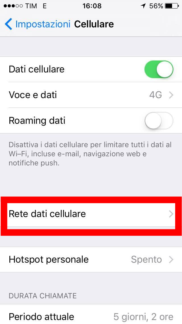 3 - Impostazioni - Rete dati Cellulare Vodafone