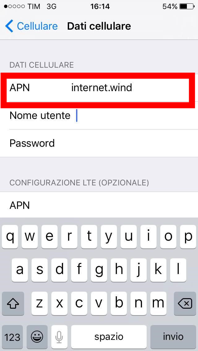 impostazioni dati cellulare iphone wind