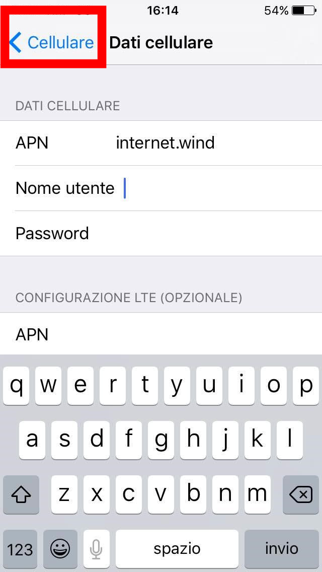 5 - Salva APN configurazione internet wind iphone