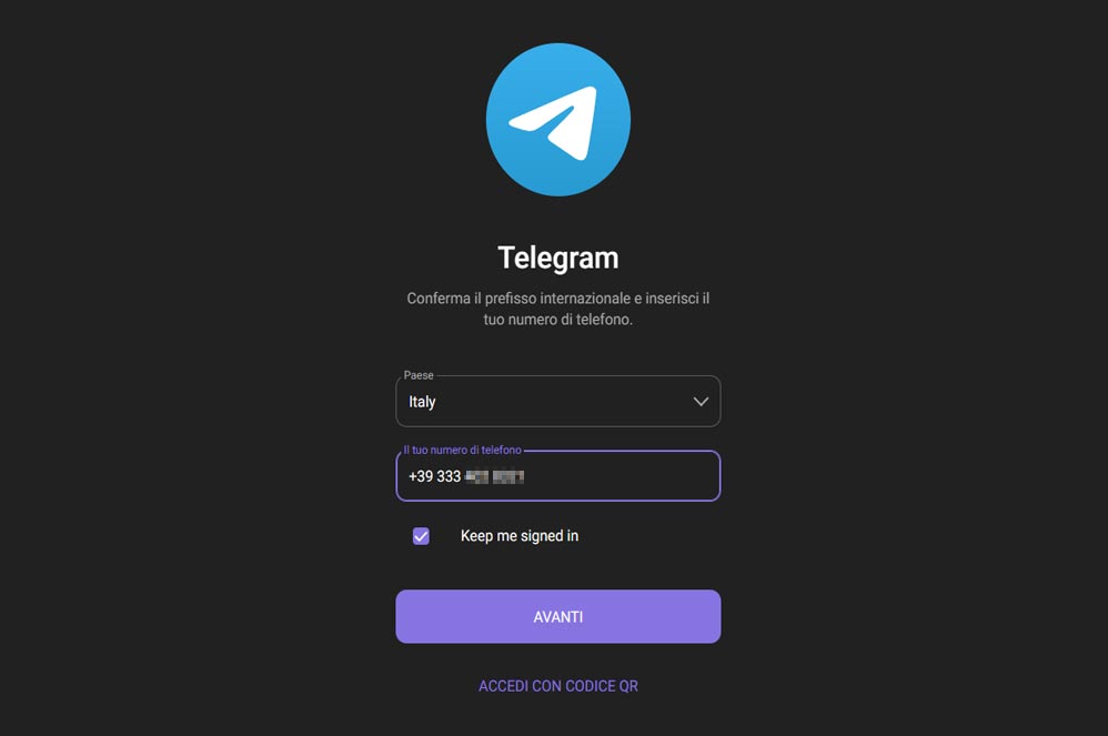 come accedere a telegram web usando il numero di telefono