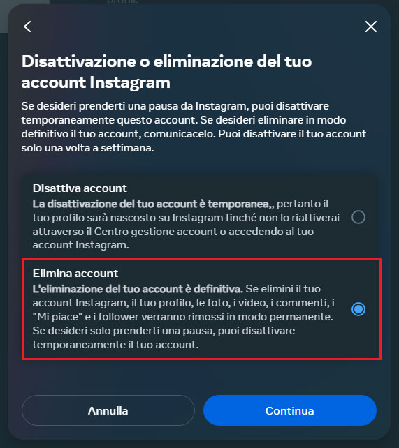 eliminare account instagram da pc - step 4