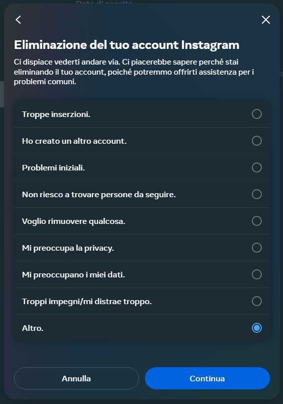 eliminare account instagram da pc - step 5